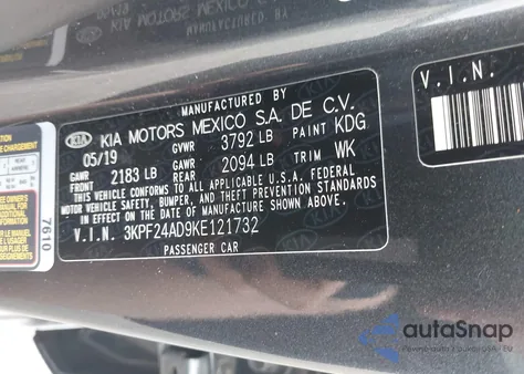 2019 Kia Forte Lxs z USA, uszkodzony, nr VIN 3KPF24AD9KE121732